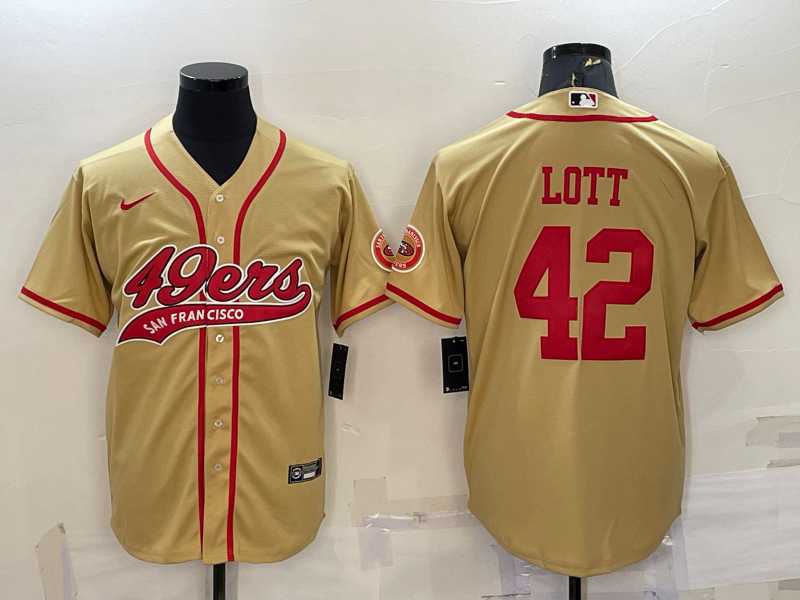 Mens San Francisco 49ers #42 Ronnie Lott Gold With Patch Cool Base Stitched Baseball Jersey